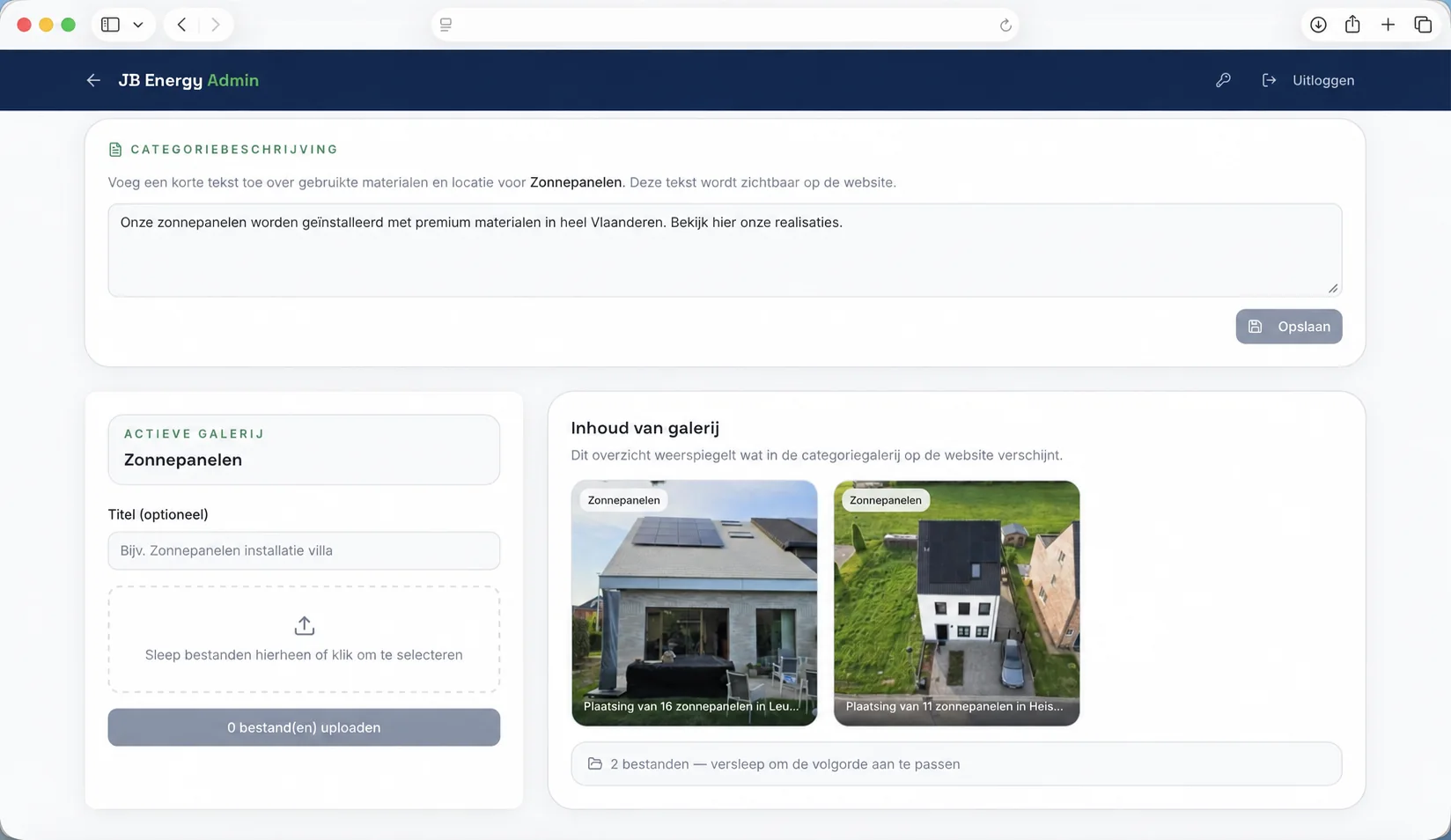 Eigen beheeromgeving van JB Energy voor teksten, categorieën en projectfoto’s