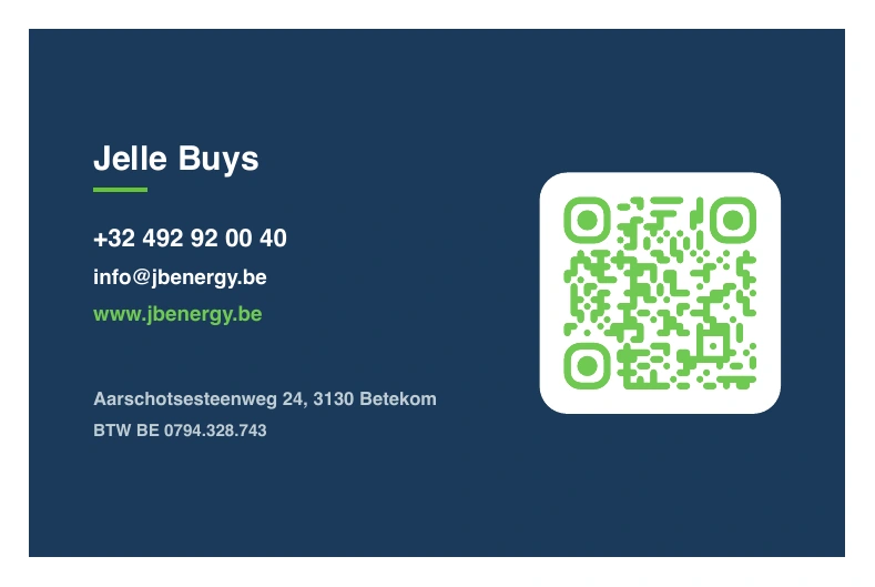 Achterkant van het JB Energy-businesskaartje met contactgegevens en QR-code