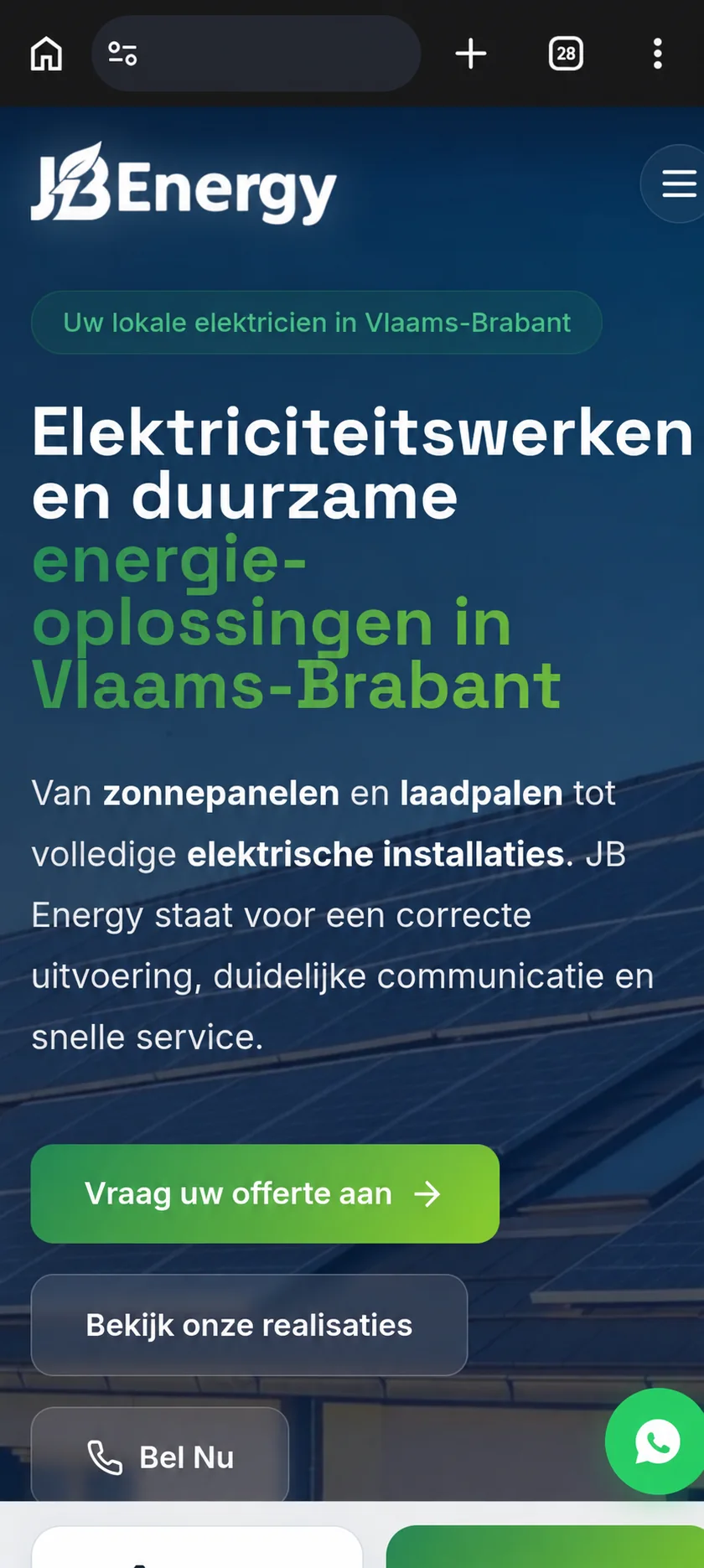 Mobiele homepage van JB Energy met offerteknop en diensten