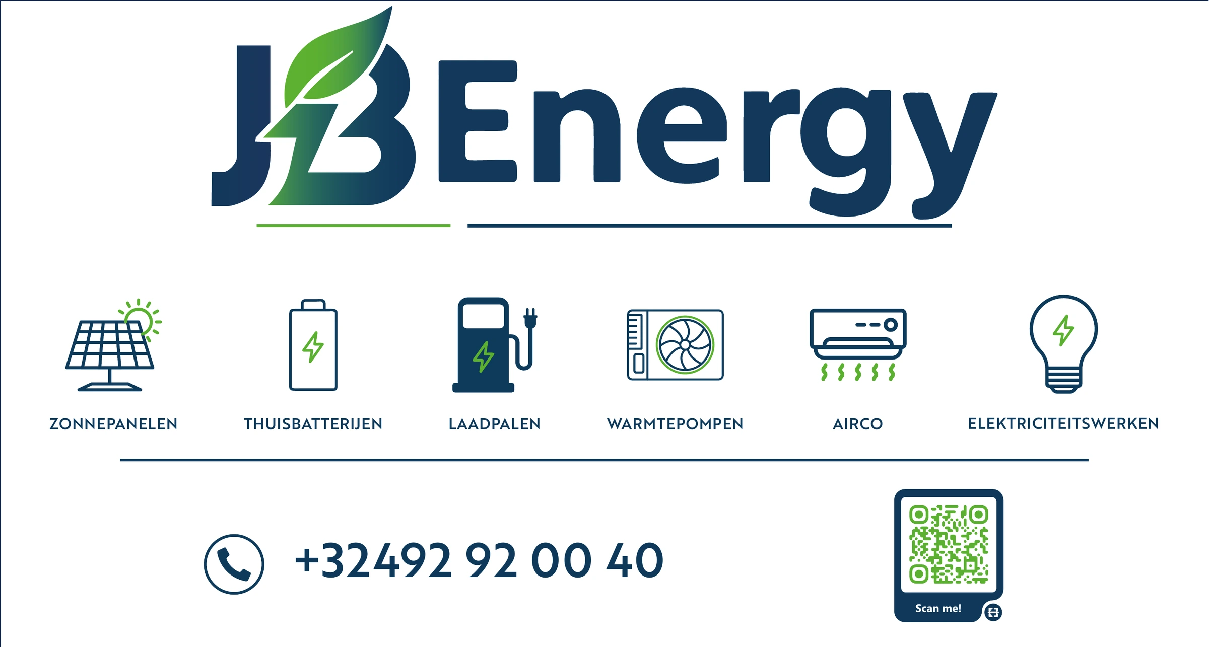 Stickerset van JB Energy met logo, diensticonen, telefoonnummer en QR-code