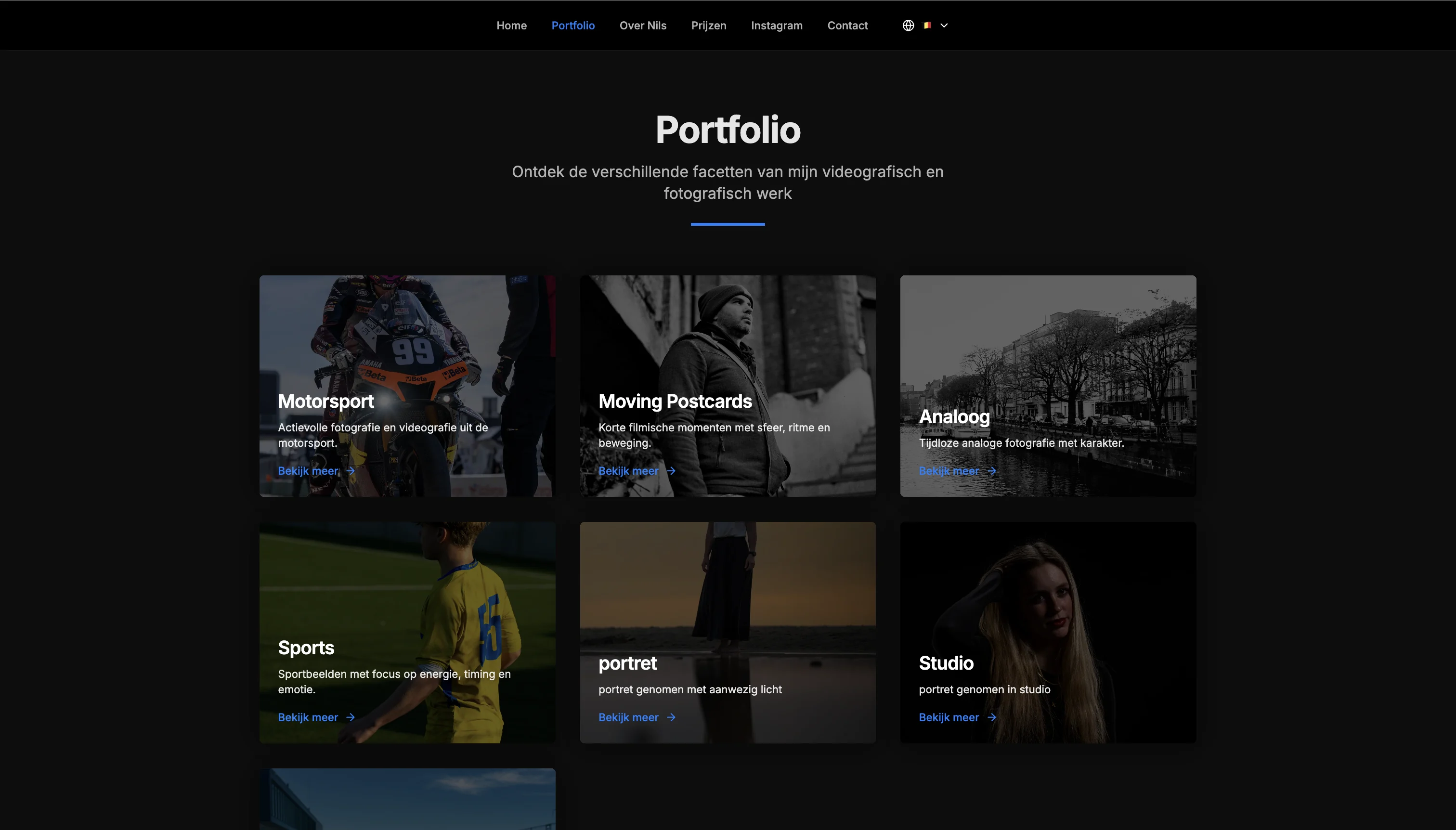 Portfolio van Lambrecs met categorieën voor motorsport, film, analoge fotografie, sport en portret