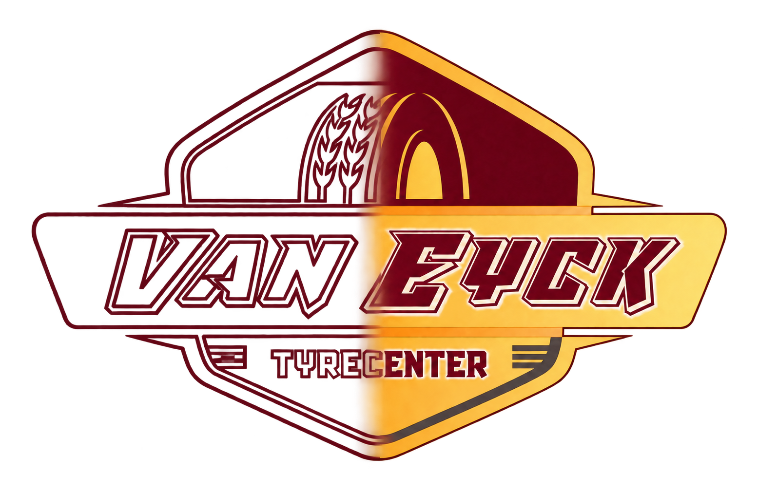 Van Eyck Tyrecenter-logo met links de technische lijntekening en rechts de afgewerkte bordeaux-gouden versie