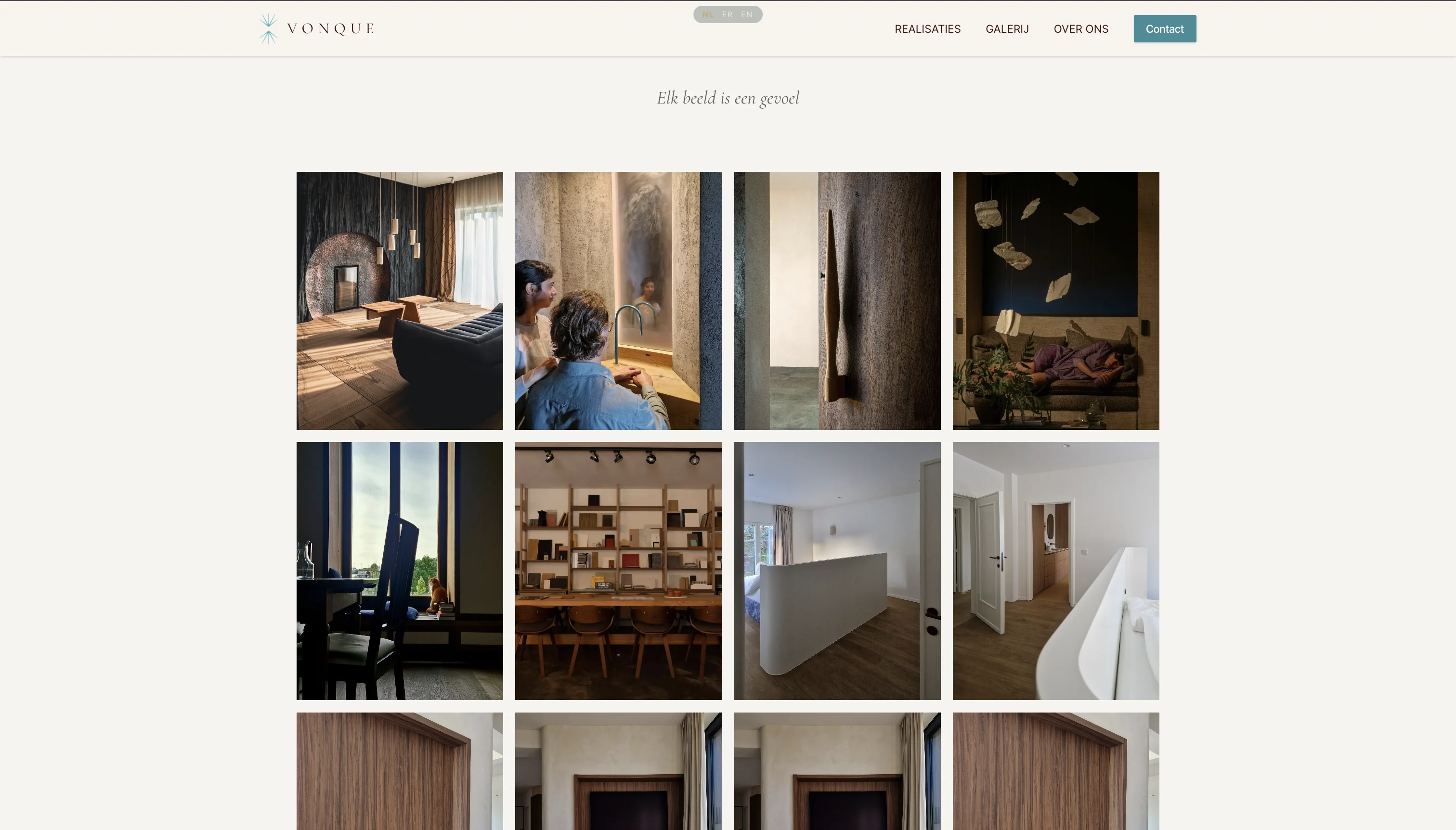 Galerijpagina van Vonque met een raster van interieurprojecten